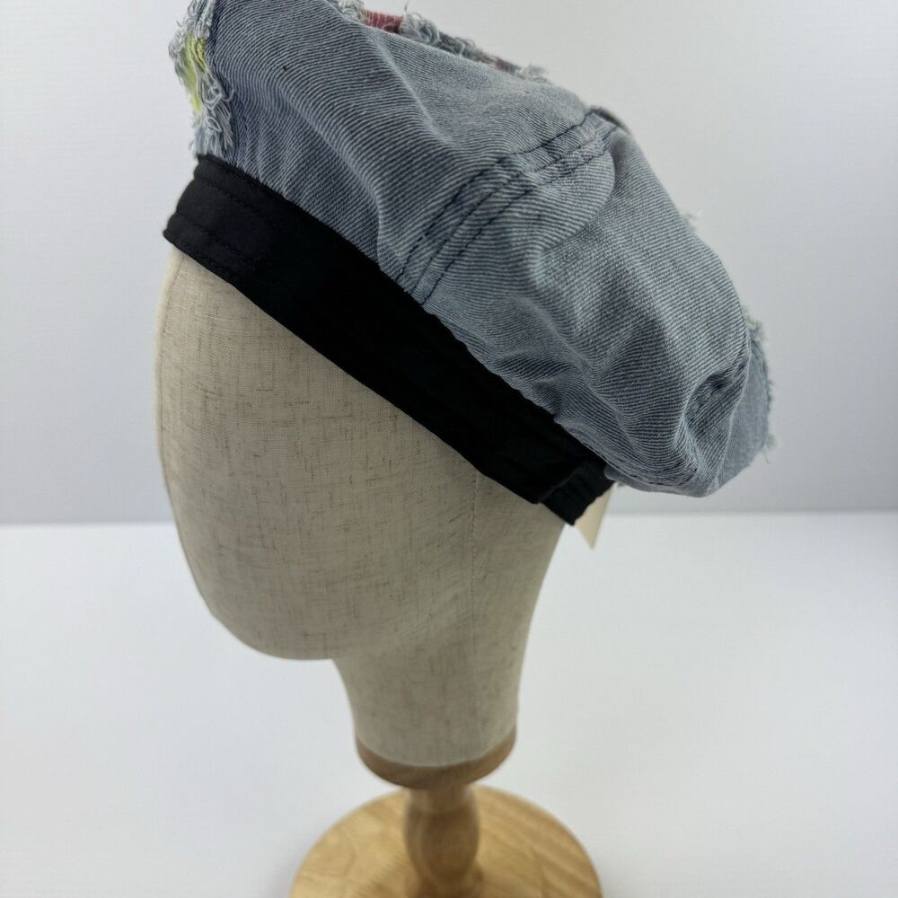 Patchwork Denim Beret Hat Womens Blue Frayed Distressed Adjustable Newsboy Cap - Picture 4 of 9